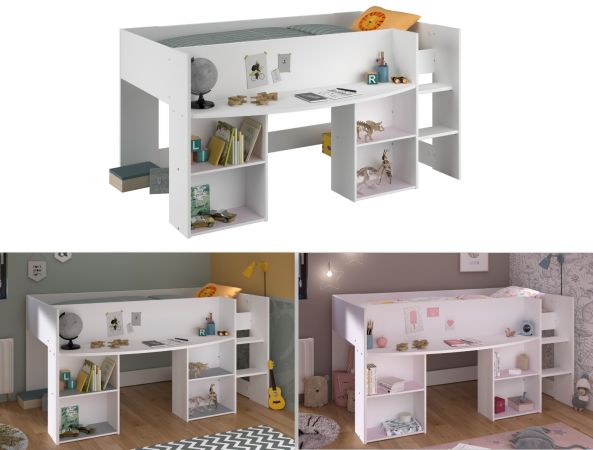 Parisot Hochbett Pirouette in wei� mit grau oder rosa Kinder und Jugendzimmer Bett Liegefl�che 90 x 200 cm