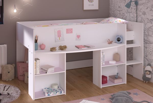 Parisot Hochbett Pirouette in wei� mit grau oder rosa Kinder und Jugendzimmer Bett Liegefl�che 90 x 200 cm