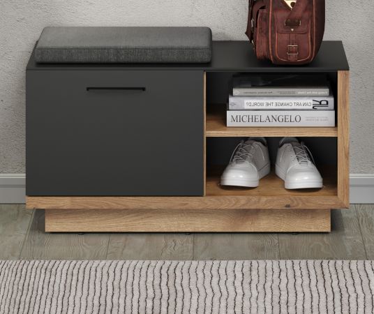 Garderobe Sitzbank Synnax in grau und Evoke Eiche Garderobenbank und Schuhschrank 90 x 48 cm