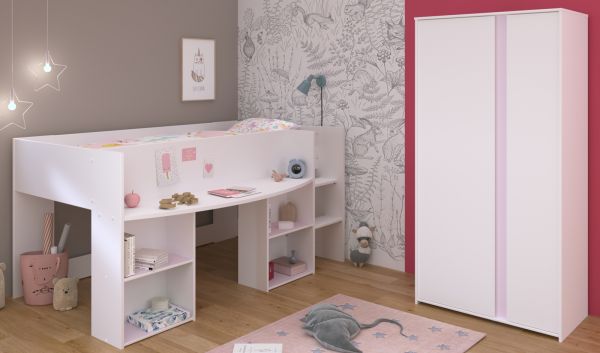 Parisot Kinder- und Jugendzimmer Pirouette14 in wei� mit grau oder rosa Set 2-teilig mit Hochbett und Kleiderschrank