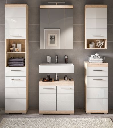 Badezimmer Hochschrank Mambo in wei� Hochglanz und Sonoma Eiche Badschrank 37 x 191 cm