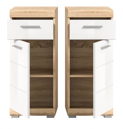 Badezimmer Kommode Mambo in wei� Hochglanz und Sonoma Eiche Badschrank 37 x 88 cm