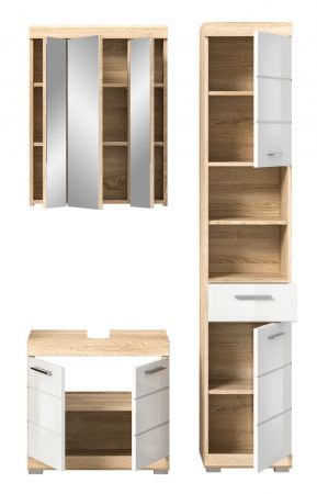 Badm�bel Set 3-teilig Mambo in wei� Hochglanz und Sonoma Eiche Badkombination 112 x 191 cm