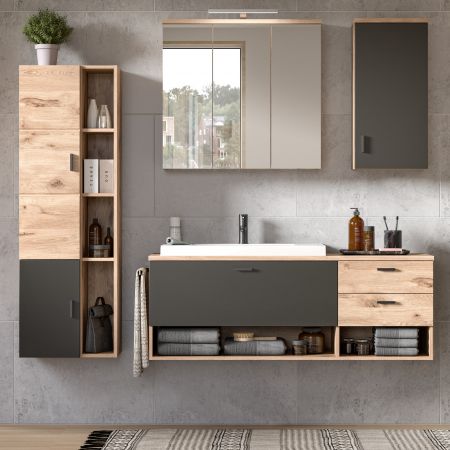Badezimmer Midischrank Oderzo in Eiche und grau Badschrank 48 x 144 cm Soft-Close