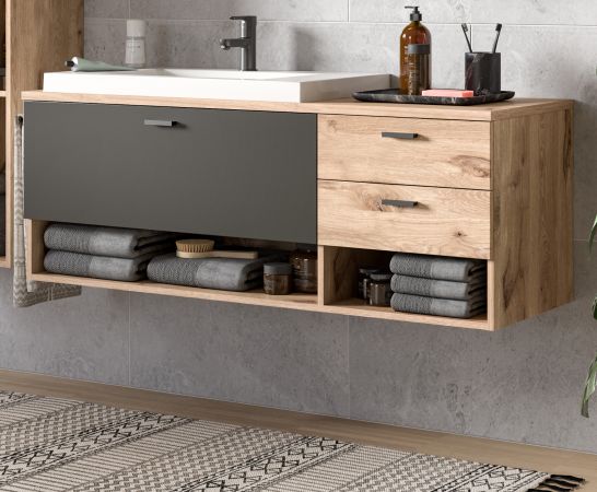 Waschbeckenunterschrank MIT Waschbecken Oderzo in Eiche und grau, Waschtisch 138 cm Soft-Close