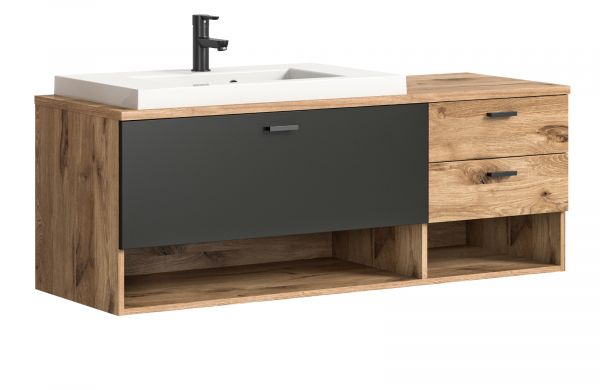 Waschbeckenunterschrank MIT Waschbecken Oderzo in Eiche und grau, Waschtisch 138 cm Soft-Close