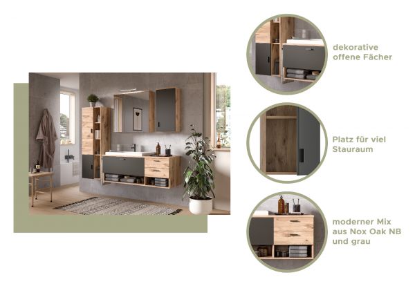 Waschbeckenunterschrank MIT Waschbecken Oderzo in Eiche und grau, Waschtisch 138 cm Soft-Close