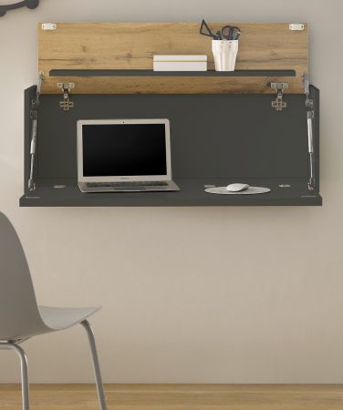 Sekret�r Center in grau matt und Wotan Eiche Wandsekret�r f�r Homeoffice und B�ro 100 cm