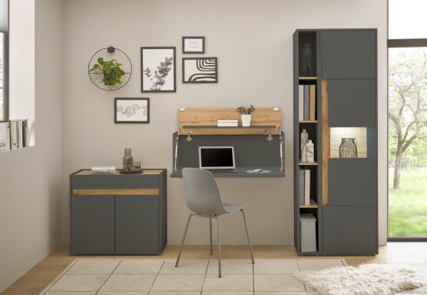 Sekret�r Center in grau matt und Wotan Eiche Wandsekret�r f�r Homeoffice und B�ro 100 cm