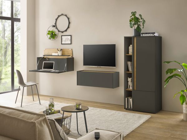 H�ngeschrank Center in grau matt und Wotan Eiche B�roschrank h�ngend f�r Homeoffice 100 cm