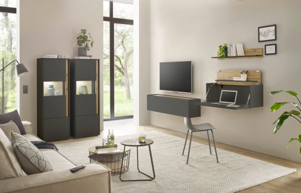 Wohnwand mit Sekret�r Center in grau matt und Wotan Eiche Wohnkombination 5-teilig 410 x 170 cm