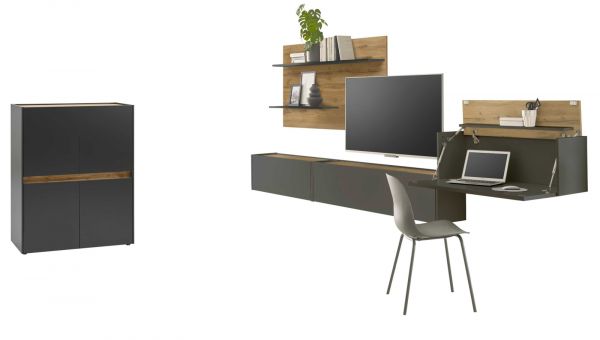 Wohnwand mit Sekret�r Center in grau matt und Wotan Eiche Wohnkombination 5-teilig 470 x 180 cm