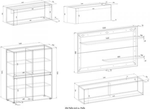 Wohnwand mit Sekret�r Center in grau matt und Wotan Eiche Wohnkombination 5-teilig 470 x 180 cm