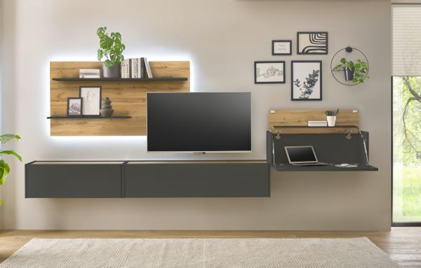 Wohnwand mit Sekret�r Center in grau matt und Wotan Eiche Wohnkombination 4-teilig 350 x 180 cm