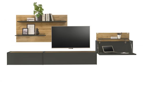 Wohnwand mit Sekret�r Center in grau matt und Wotan Eiche Wohnkombination 4-teilig 350 x 180 cm