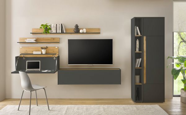 Wohnwand mit Sekret�r Center in grau matt und Wotan Eiche Wohnkombination 6-teilig 340 x 200 cm