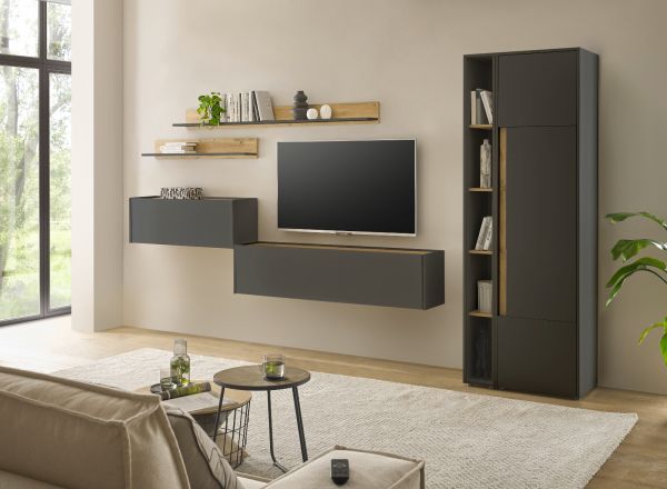 Wohnwand mit Sekret�r Center in grau matt und Wotan Eiche Wohnkombination 6-teilig 340 x 200 cm