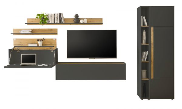 Wohnwand mit Sekret�r Center in grau matt und Wotan Eiche Wohnkombination 6-teilig 340 x 200 cm