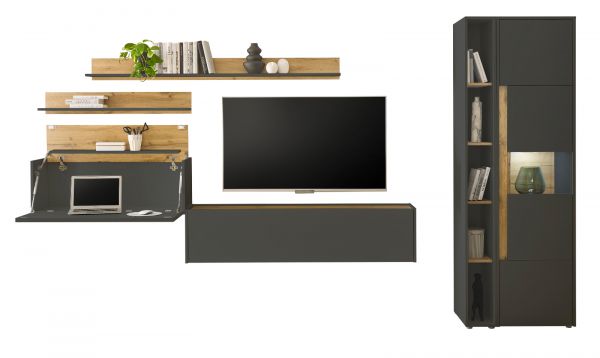 Wohnwand mit Sekret�r Center in grau matt und Wotan Eiche Wohnkombination 6-teilig 340 x 200 cm