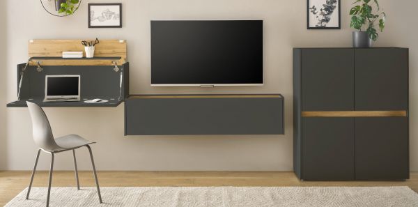 Wohnwand mit Sekret�r Center in grau matt und Wotan Eiche Wohnkombination 3-teilig 370 cm