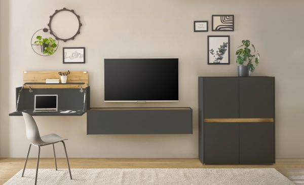 Wohnwand mit Sekret�r Center in grau matt und Wotan Eiche Wohnkombination 3-teilig 370 cm