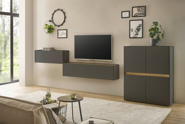 Wohnwand mit Sekret�r Center in grau matt und Wotan Eiche Wohnkombination 3-teilig 370 cm