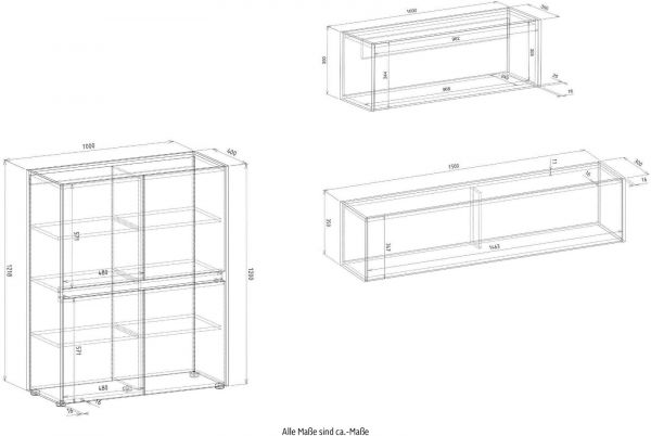 Wohnwand mit Sekret�r Center in grau matt und Wotan Eiche Wohnkombination 3-teilig 370 cm