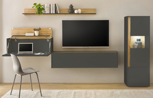 Wohnwand mit Sekret�r Center in grau matt und Wotan Eiche Wohnkombination 4-teilig 320 x 170 cm