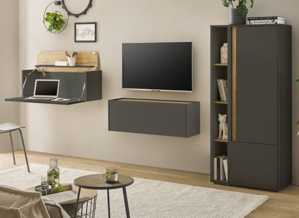 Wohnwand mit Sekret�r Center in grau matt und Wotan Eiche Wohnkombination 4-teilig 310 cm
