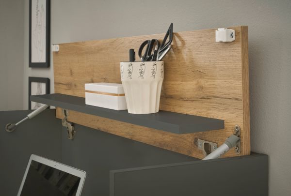 Wohnwand mit Sekret�r Center in grau matt und Wotan Eiche Wohnkombination 4-teilig 310 cm