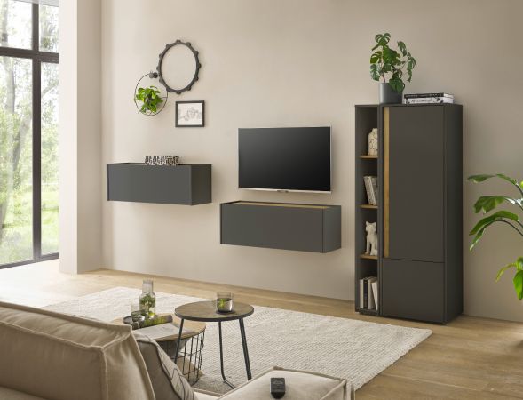 Wohnwand mit Sekret�r Center in grau matt und Wotan Eiche Wohnkombination 4-teilig 310 cm