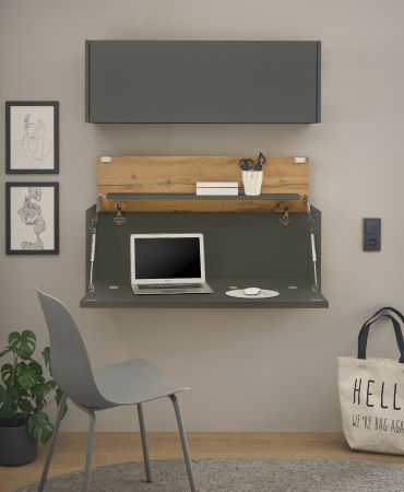 B�rom�bel Set Center in grau matt und Wotan Eiche B�roschrank und Sekret�r h�ngend f�r Homeoffice 100 cm