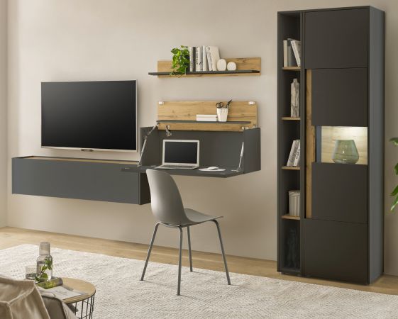 Wohnwand mit Sekret�r Center in grau matt und Wotan Eiche Wohnkombination 5-teilig 340 x 200 cm