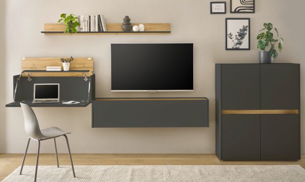 Wohnwand mit Sekret�r Center in grau matt und Wotan Eiche Wohnkombination 4-teilig 370 cm