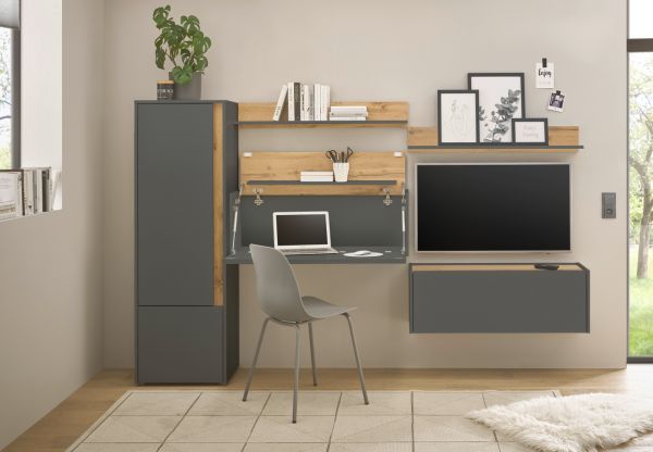 Wohnwand mit Sekret�r Center in grau matt und Wotan Eiche Wohnkombination 5-teilig 250 cm