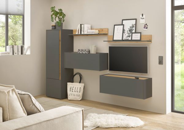 Wohnwand mit Sekret�r Center in grau matt und Wotan Eiche Wohnkombination 5-teilig 250 cm