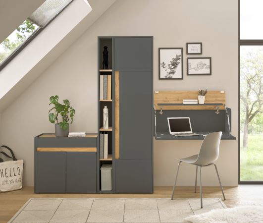 B�rom�bel komplett Set Center in grau matt und Wotan Eiche mit Aktenschrank, Sekret�r und Kommode f�r Homeoffice