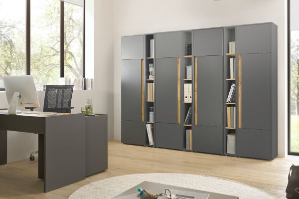Aktenschrank Set Center in grau mit Wotan Eiche 4x Schrank und 3x Regal B�ro Homeoffice 260 cm