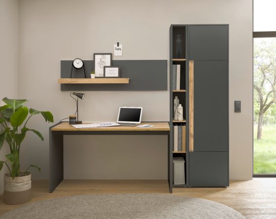 B�rom�bel Set Center in grau matt und Wotan Eiche mit Schreibtisch und Regal f�r Homeoffice