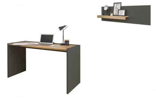 B�rom�bel Set Center in grau matt und Wotan Eiche mit Schreibtisch und Regal f�r Homeoffice