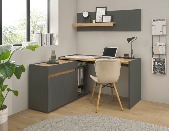B�rom�bel Set Center in grau matt und Wotan Eiche mit Schreibtisch und Container