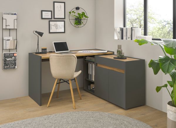 B�rom�bel Set Center in grau matt und Wotan Eiche mit Schreibtisch, Kommode und Aktenregal f�r Homeoffice