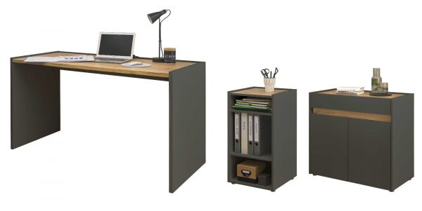 B�rom�bel Set Center in grau matt und Wotan Eiche mit Schreibtisch, Kommode und Aktenregal f�r Homeoffice