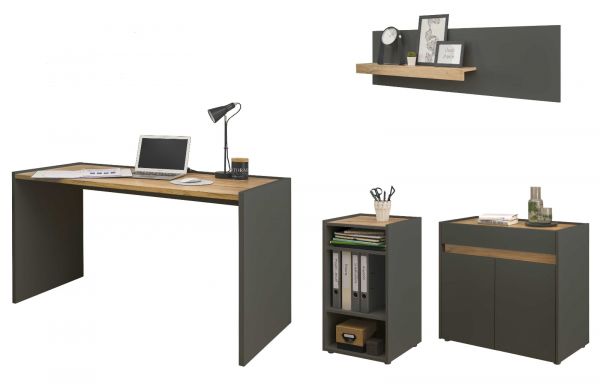 B�rom�bel Set Center in grau matt und Wotan Eiche mit Schreibtisch, Kommode und 2 x Regal f�r Homeoffice