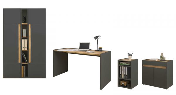B�rom�bel komplett Set Center in grau matt und Wotan Eiche mit Schreibtisch, Kommode und Aktenschrank f�r Homeoffice
