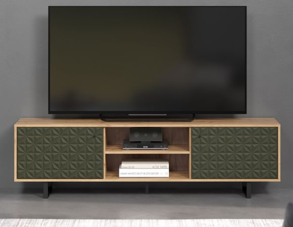 TV-Lowboard Sculpta in gr�n matt mit 3-D Struktur und Eiche Artisan TV-Unterteil 184 cm