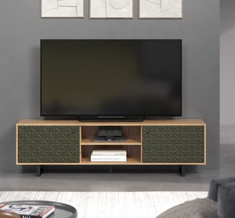 TV-Lowboard Sculpta in gr�n matt mit 3-D Struktur und Eiche Artisan TV-Unterteil 184 cm