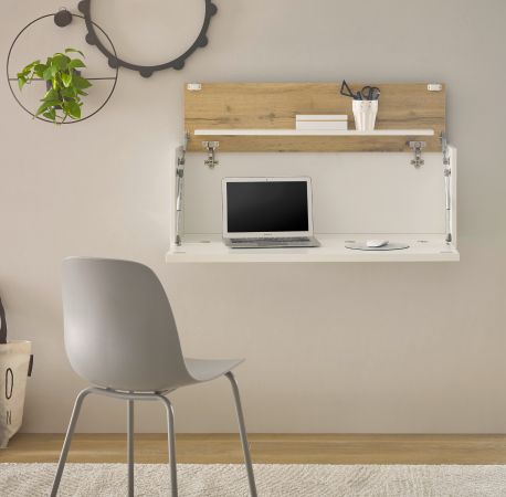 Sekret�r Center in wei� und Wotan Eiche Wandsekret�r f�r Homeoffice und B�ro 100 cm