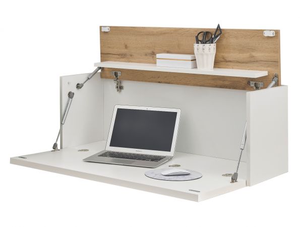Sekret�r Center in wei� und Wotan Eiche Wandsekret�r f�r Homeoffice und B�ro 100 cm