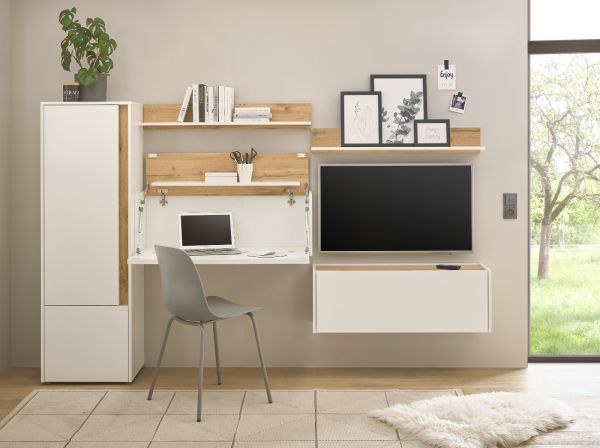 H�ngeschrank Center in wei� und Wotan Eiche B�roschrank h�ngend f�r Homeoffice 100 cm